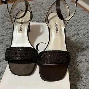 Caparros V-good chocolate silk beaded evening sandal 6 1/2